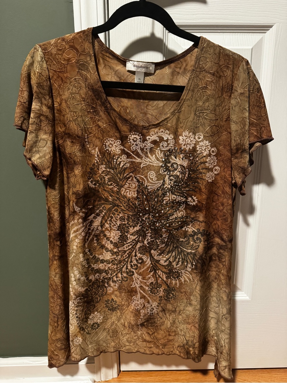 dressbarn Brown Floral Scoop Neck Embellished Top